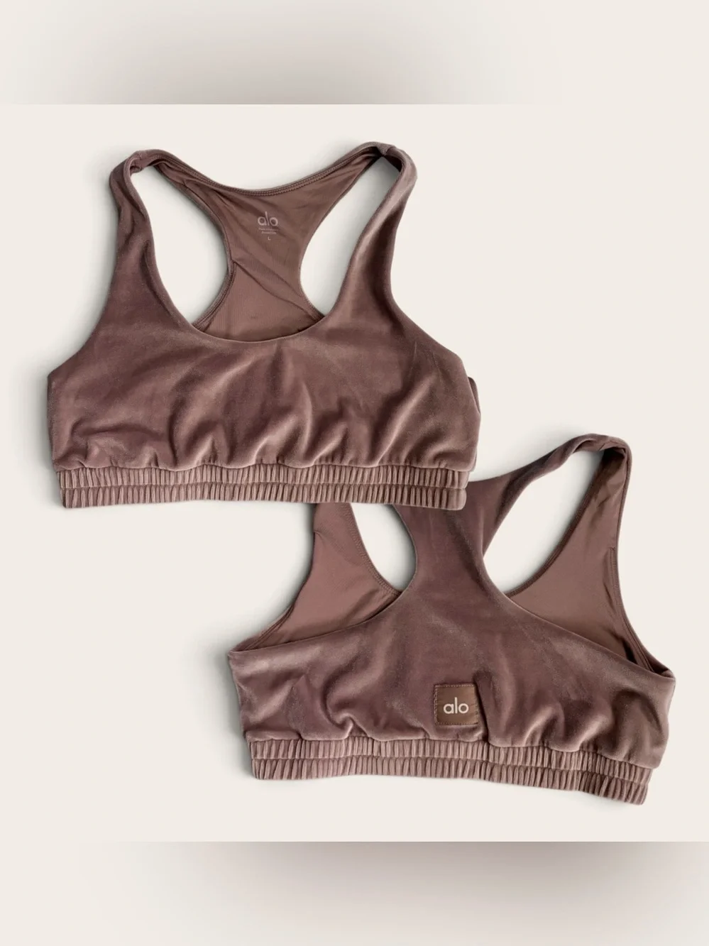 ALO Yoga Sports Bra Velour Glimmer Scoop Neck Cocoa Brown Sz L Racerback